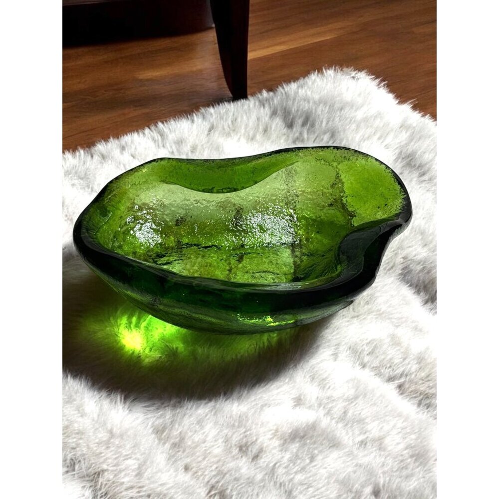 Blenko Vintage Amoeba Green Hand-Blown Art Glass Bowl Dish Organic Shape
